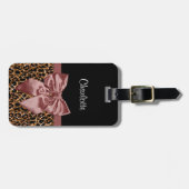 美しいヒョウのプリントのエレガントなブラウンの弓および名前 ラゲッジタグ (正面横)