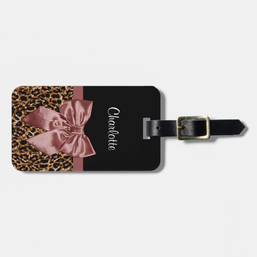 美しいヒョウのプリントのエレガントなブラウンの弓および名前 ラゲッジタグ (正面横)