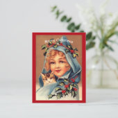 美しいビンテージのクリスマス 少女と猫 ポストカード (スタンド正面)