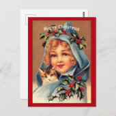 美しいビンテージのクリスマス 少女と猫 ポストカード (正面/裏面)