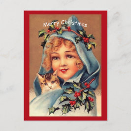 美しいビンテージのクリスマス　少女と猫 ポストカード