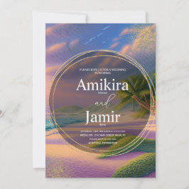 美しいビーチの背景にきらきらゴールドの結婚式 招待状