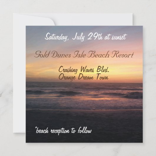 美しいビーチサンセットフォトスクエア結婚ズ 招待状 (裏面)