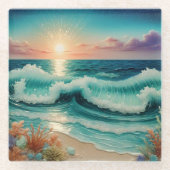 美しいビーチシーウェーブコースター ガラスコースター (正面)