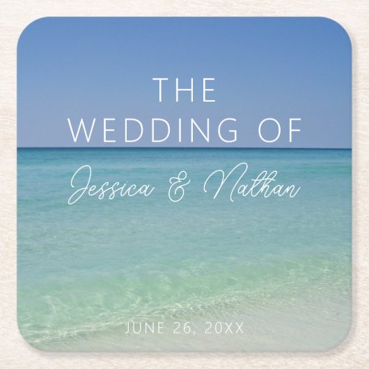 美しいビーチパーソナライズされた写結婚真 スクエアペーパーコースター (正面)
