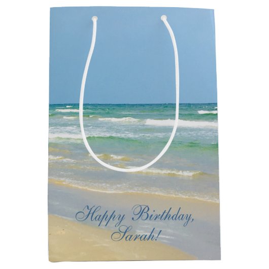 美しいビーチフォトカスタム海波誕生日 ミディアムペーパーバッグ (正面)