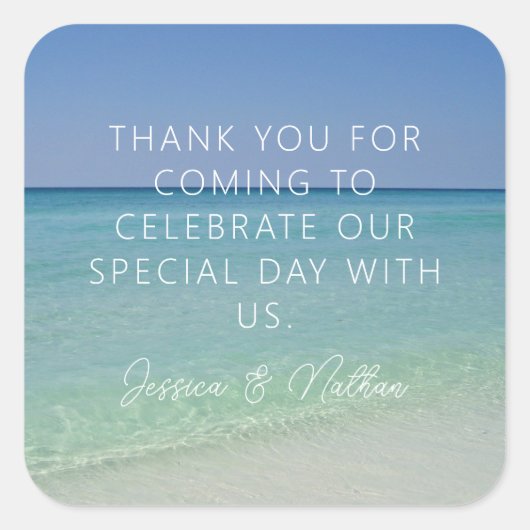 美しいビーチ写真カスタムウェディングの好意 スクエアシール (正面)