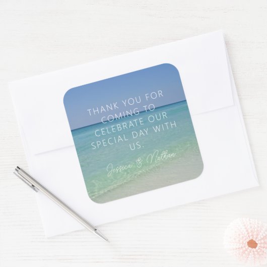 美しいビーチ写真カスタムウェディングの好意 スクエアシール (封筒)