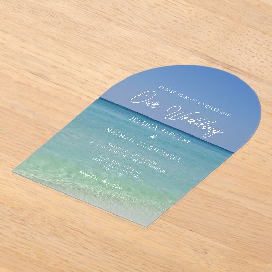 美しいビーチ写真シーサイド結婚ズ アクリル招待状 (レイダウン)