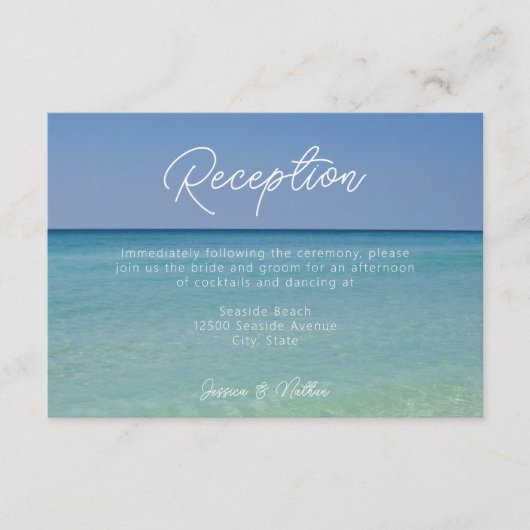 美しいビーチ写真結婚式レセプション エンクロージャーカード (正面)
