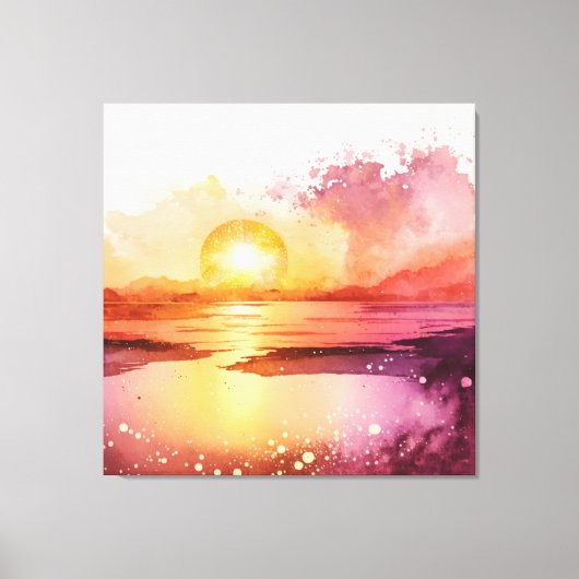美しいビーチ水彩夕日 キャンバスプリント (正面)