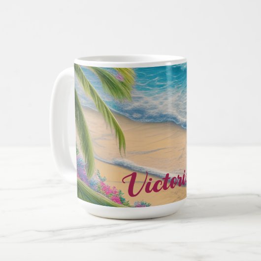 美しいビーチ海波砂ヤシの木 コーヒーマグカップ (正面左)