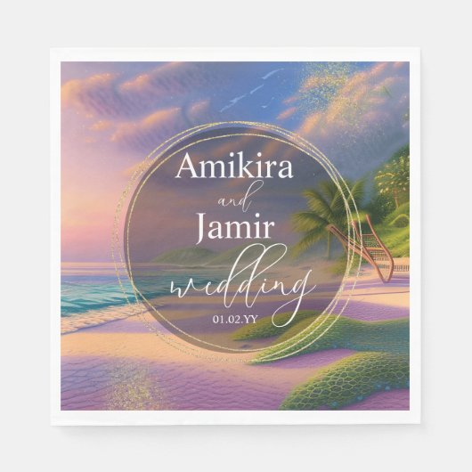 美しいビーチ背景グリッター結婚金ゴールド スタンダードランチョンナプキン (正面)