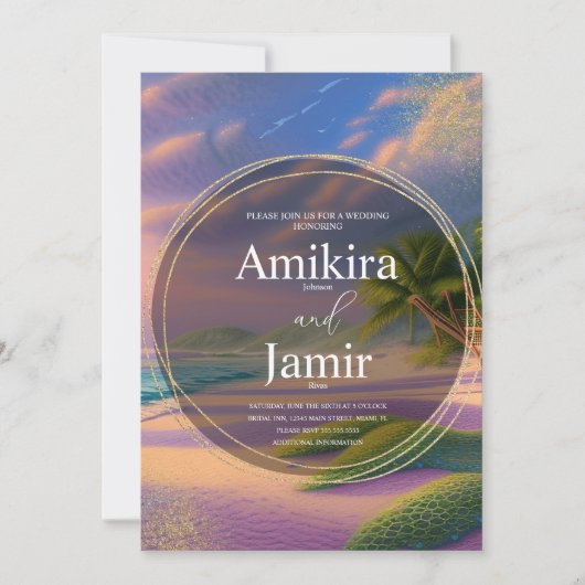 美しいビーチ背景グリッター結婚金ゴールド 招待状 (正面)