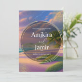 美しいビーチ背景グリッター結婚金ゴールド 招待状 (スタンド正面)