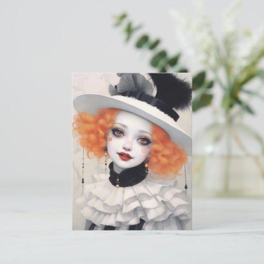 美しいピエロの女の子，ファンタジーアート ポストカード (スタンド正面)