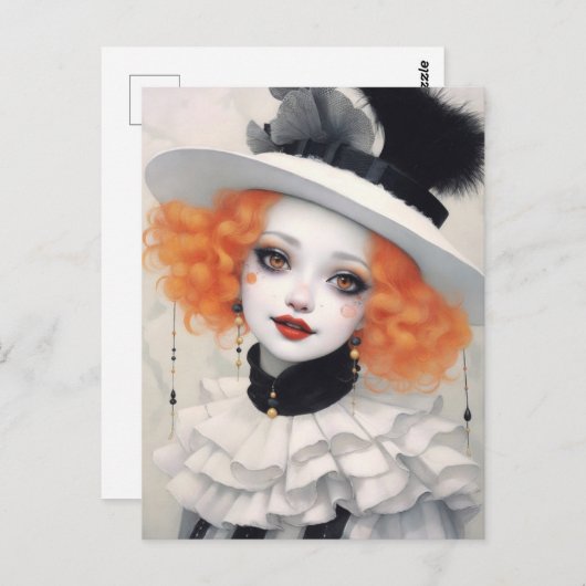 美しいピエロの女の子，ファンタジーアート ポストカード (正面/裏面)