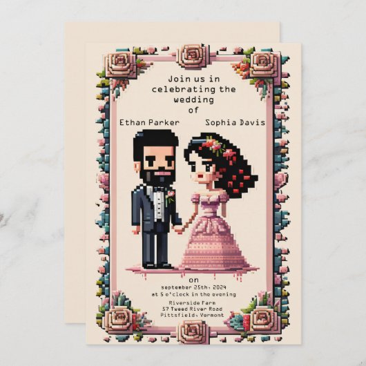 美しいピクセルアート結婚式招待状 招待状 (正面/裏面)