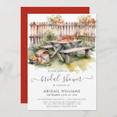 美しいピクニック　バックヤード　赤い花のブライダルシャワー 招待状 (正面/裏面)