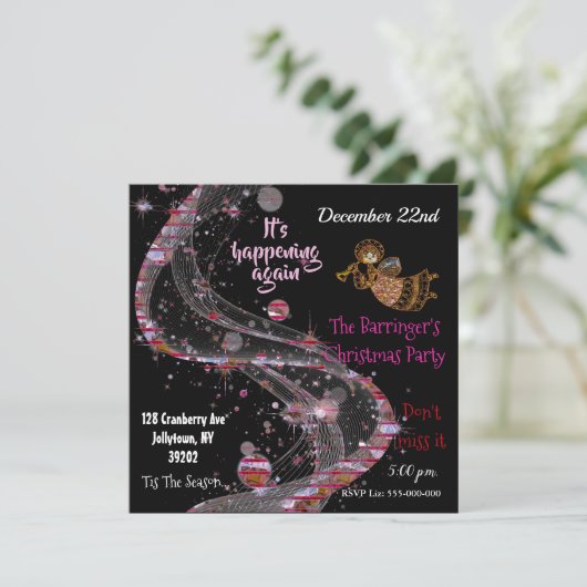 美しいピンクお祝いクリスマスパーティーおもしろい 招待状 (スタンド正面)