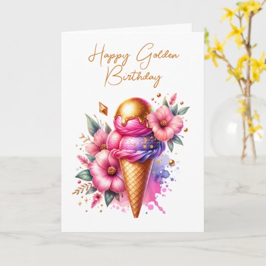 美しいピンクとゴールドのアイスクリーム ゴールデンバースデー カード (黄色い花)