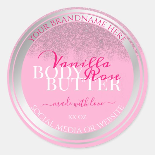 美しいピンクとシルバーの製品の包装ラベル ラウンドシール (正面)