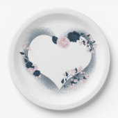 美しいピンクとネイビーのフローラハート ペーパープレート (正面)