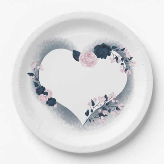 美しいピンクとネイビーのフローラハート ペーパープレート (正面)