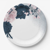 美しいピンクとネイビーの花 ペーパープレート (正面)
