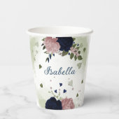 美しいピンクとネイビーブルーの花 紙コップ (裏面)