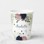 美しいピンクとネイビーブルーの花 紙コップ (正面)