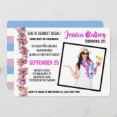 美しいピンクとブルーのアロハ誕生日パーティー 招待状 (正面/裏面)