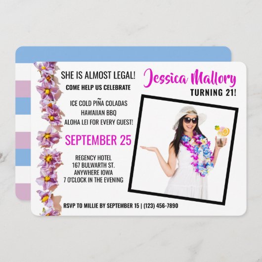 美しいピンクとブルーのアロハ誕生日パーティー 招待状 (正面/裏面)