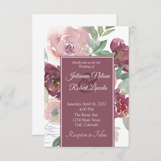 美しいピンクとマゼンタの水彩花のウェディング 招待状 (正面/裏面)