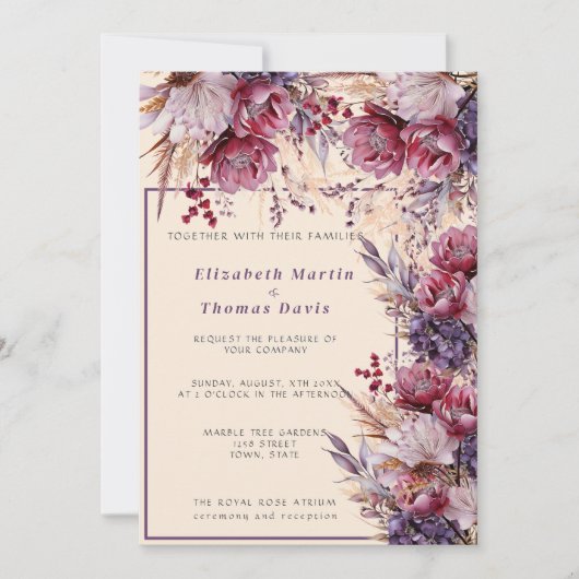 美しいピンクとメイヴのエレガント花 招待状 (正面)