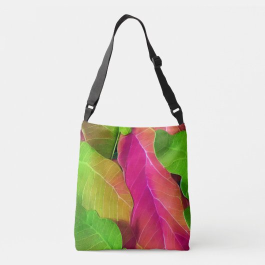 美しいピンクと緑の葉柄 クロスボディバッグ (裏面)