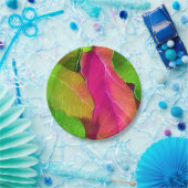 美しいピンクと緑の葉柄 ペーパープレート (パーティー)