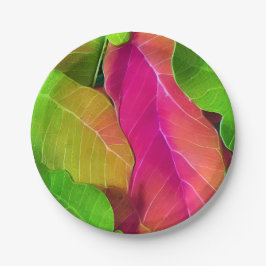 美しいピンクと緑の葉柄 ペーパープレート