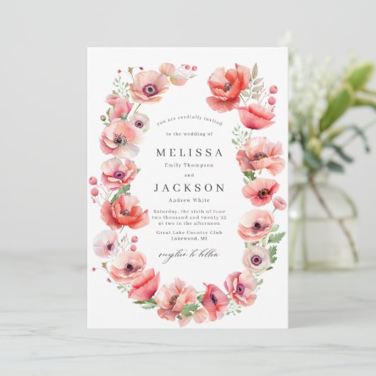 美しいピンクと赤のケシの花のデザイン結婚の 招待状 (スタンド正面)