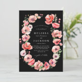 美しいピンクと赤のポピー結婚の花の黒 招待状 (スタンド正面)