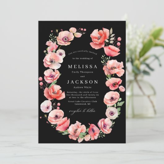 美しいピンクと赤のポピー結婚の花の黒 招待状 (スタンド正面)