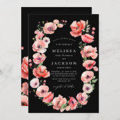 美しいピンクと赤のポピー結婚の花の黒 招待状 (正面/裏面)