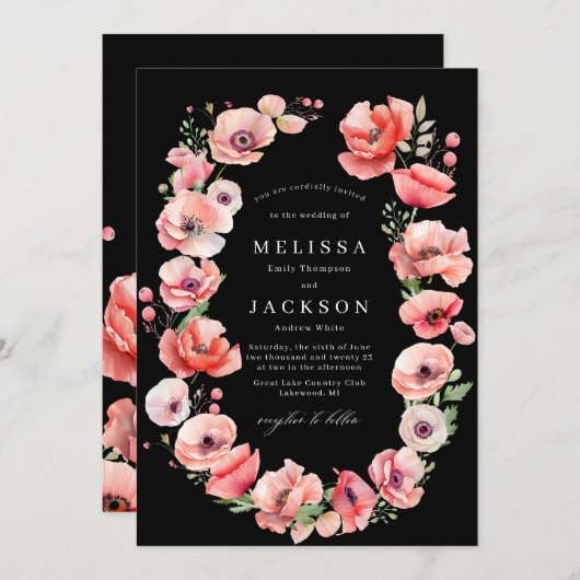 美しいピンクと赤のポピー結婚の花の黒 招待状 (正面/裏面)