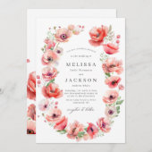 美しいピンクと赤のポピー花のデザイン ウェディング 招待状 (正面/裏面)