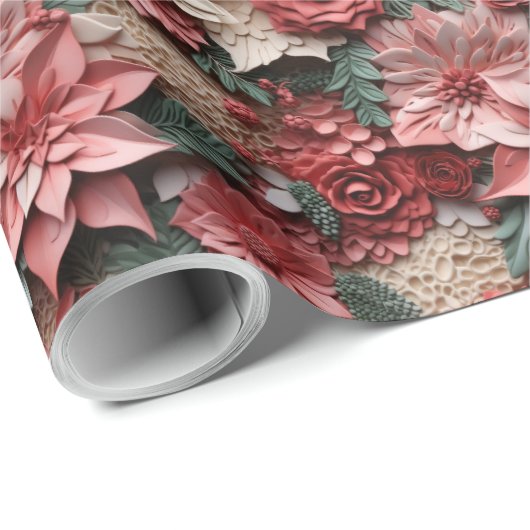 美しいピンクと赤の3Dポインセチア ラッピングペーパー (ロールコーナー)