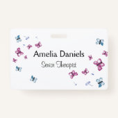 美しいピンクと青の蝶の名前タグ バッジ (正面)