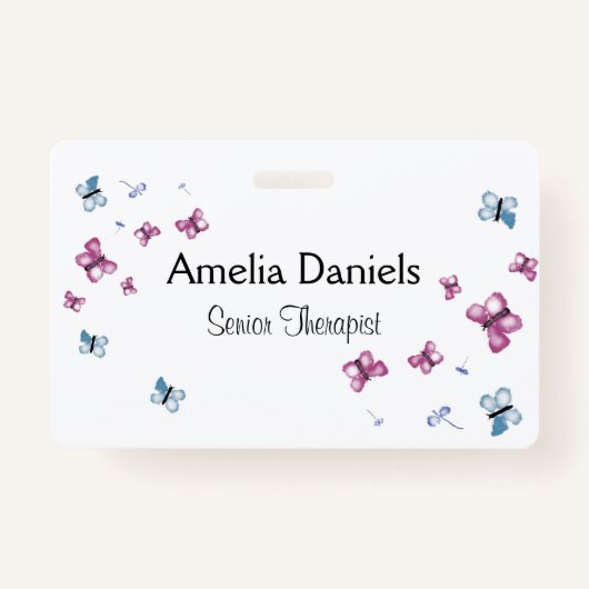 美しいピンクと青の蝶の名前タグ バッジ (正面)