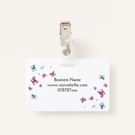 美しいピンクと青の蝶の名前タグ バッジ (裏面クリップ)