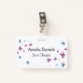 美しいピンクと青の蝶の名前タグ バッジ (正面クリップ)