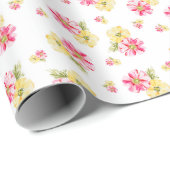 美しいピンクと黄色の水色の花 ラッピングペーパー (ロールコーナー)